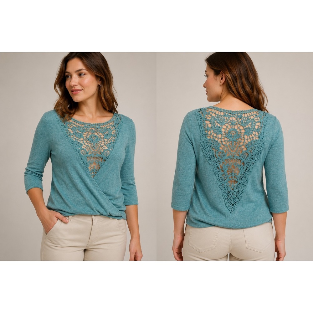 Maurices Womens Small Teal Crochet Lace‎ Back Knit Top 3/4 Sleeve Boho Stretch